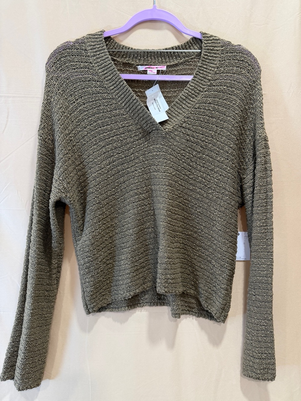 NWT O'Neill V-Neck Knit Sweater Olive Green Long Sleeve Size Small